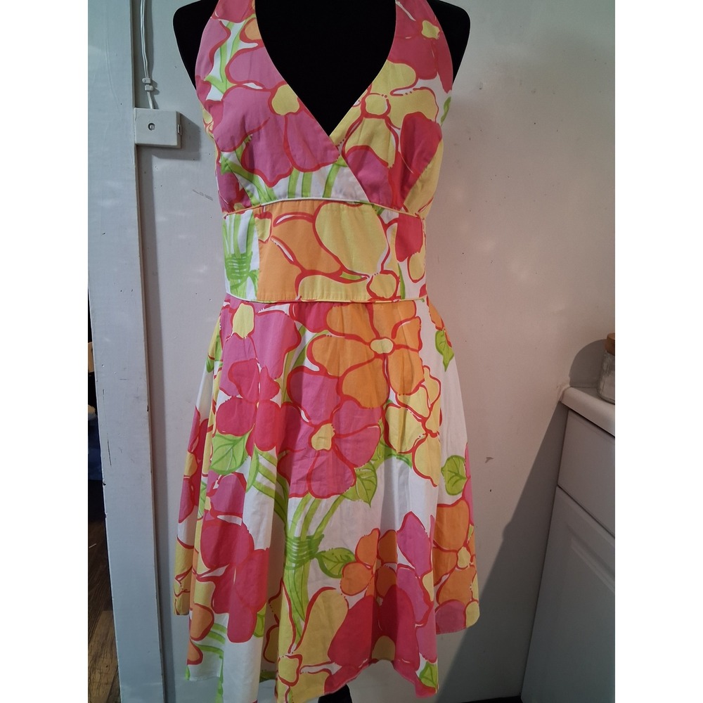 Lilly Pulitzer Floral Halter Dress Pink Orange Yellow Cotton Size 10